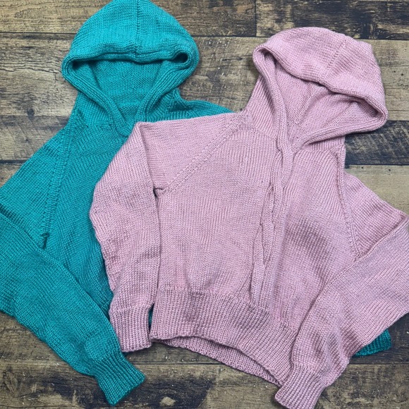 Tops - Hand Knit Chunky Cable Knit Hoodie Sweater Teal Green & Pink Women's Small